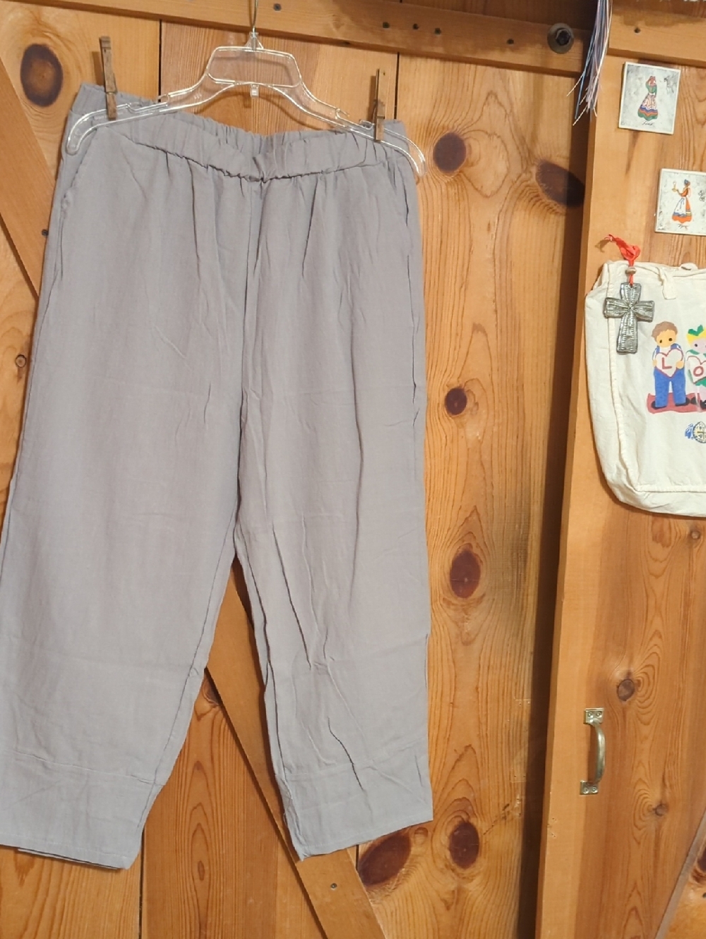 Light Gray Elastic Waist Linen-Blend Pants